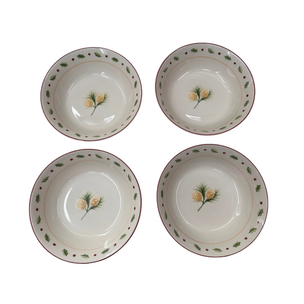 Merry Brite Christmas Bowls Pinecone Holly Berry‎ Set 4 Cream Ceramic Holiday